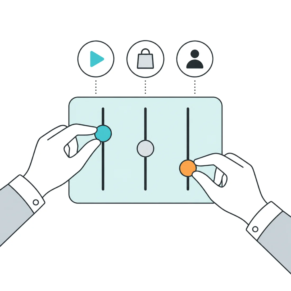 Two hands adjusting marketing channel sliders for video, commerce and audience