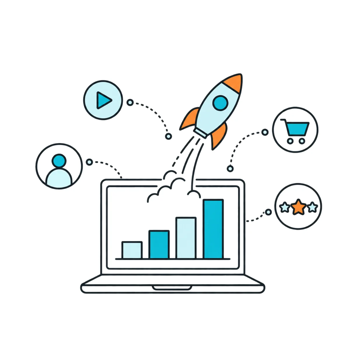 A rocket launching from a laptop with a rising bar chart
