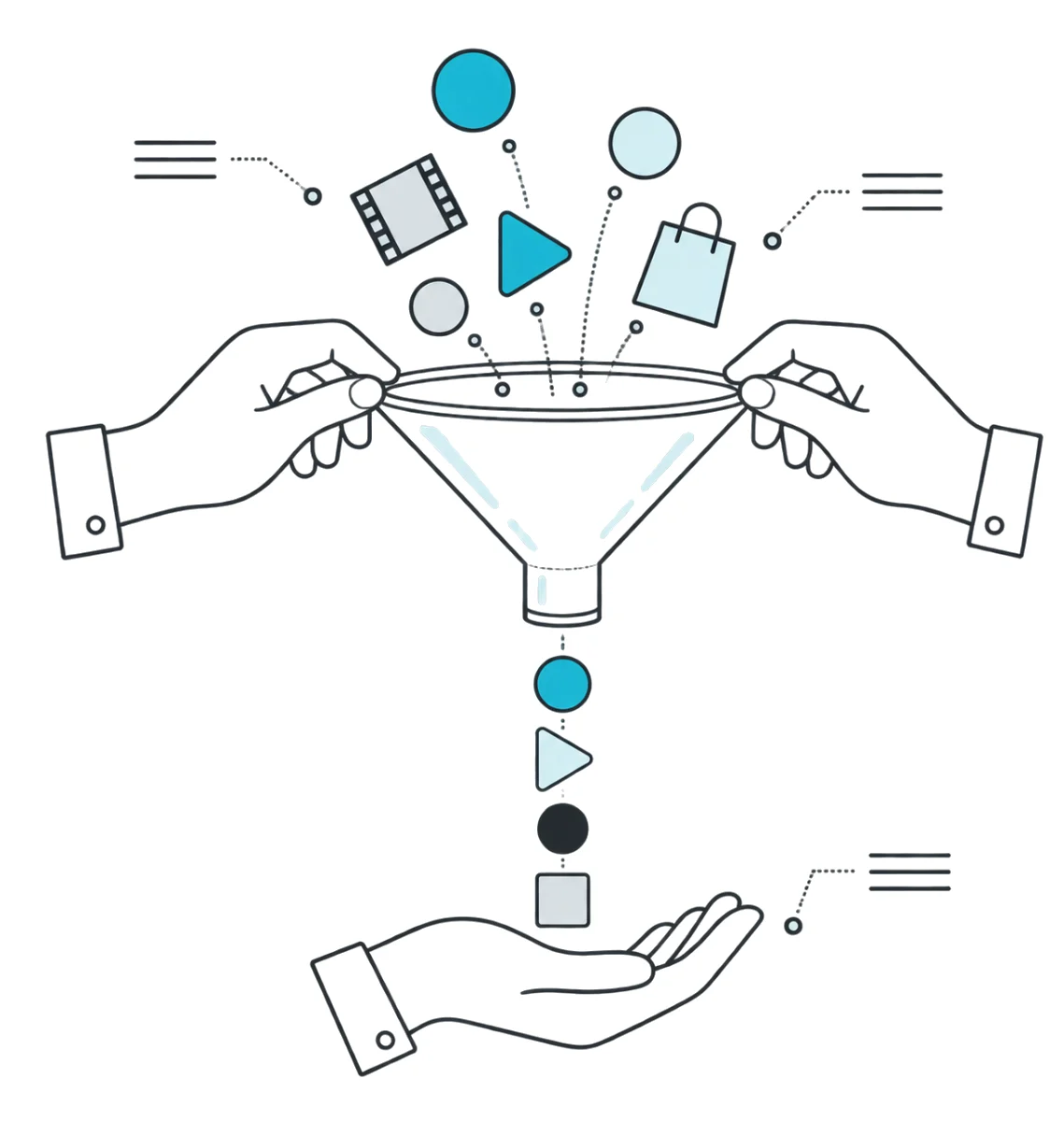 Hands holding a funnel that turns media, video and shopping signals into customers